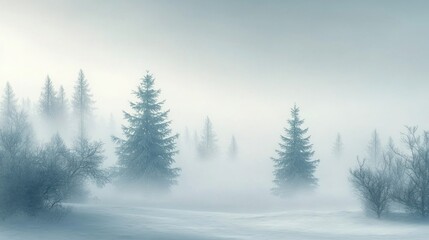 Naklejka premium Evergreen trees emerge from the misty cold winter landscape beautifully