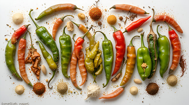 A vibrant display of various chili peppers, including jalap and serranos, along with an assortment of seasonings and herbs, arranged neatly on a white surface.