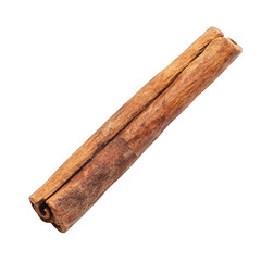 A single cinnamon stick with textured bark, isolated on white background .