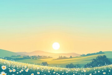 Fototapeta premium A scene countryside with blooming wildflowers at spring sunrise landscape scenery daisies.