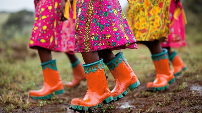 Colorful rain boots worn by girls in vibrant dresses, walking on muddy ground.
