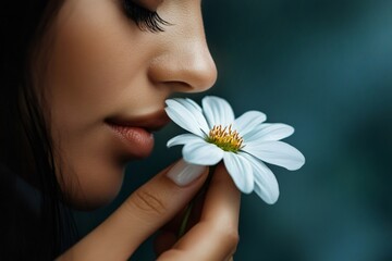 Beautiful woman smelling white flower enjoying nature and wellness