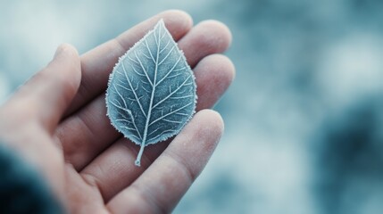 Hand gently holds a frozen leaf showcasing delicate vein patterns amidst a serene winter backdrop, capturing the beauty of nature's frost.