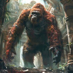 Majestic Gorilla in an Ancient Lost City Overgrown with Nature