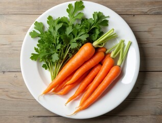 Carrots with leafy tops on a white plate, wooden background