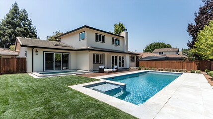 Fototapeta premium Modern house backyard with pool and deck