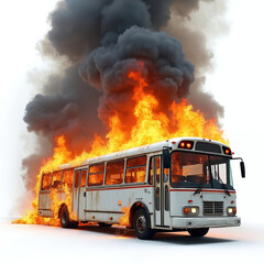 Burning bus engulfed in flames with black smoke against transparent backdrop. Concept of accident, protest, disaster, arson, insurance claim social unrest. White vehicle on fire on clean background.