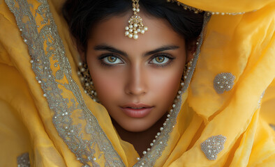 a beautiful indian woman in a yellow sari with pearl hair jewelry and diamond jewelry is hiding her face behind the veil