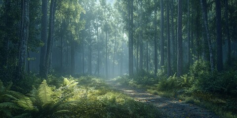 Obraz premium Scenic Pine Forest Path with Green Trees and Lush Vegetation