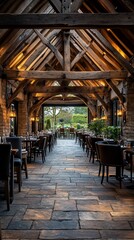 Naklejka premium Rustic dining hall, interior, courtyard view, evening ambiance