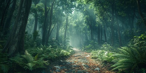 Scenic Pine Forest Path with Green Trees and Lush Vegetation