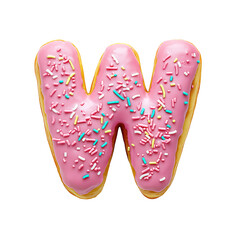 Letter W Shaped Donut with Pink Frosting and Sprinkles in transparent