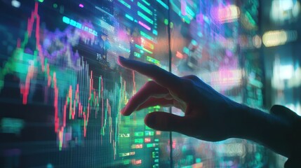 Hand interacting with a futuristic stock market data display.