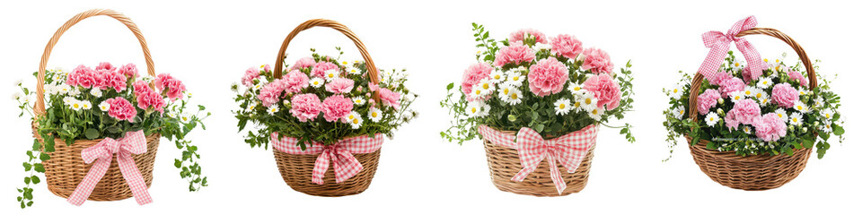 Stunning floral baskets filled with lush vibrant pink flowers like roses carnations and other blooms perfectly arranged in wicker baskets with green foliage and decorative ribbons or bows