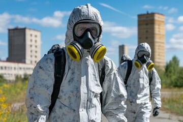Obraz premium A group of people in protective suits testing radiation levels in a contaminated area