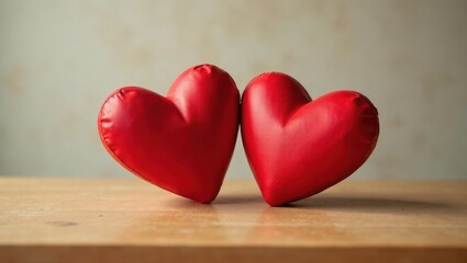Fototapeta premium Two plush red hearts touching, symbolizing love and togetherness on a wooden surface