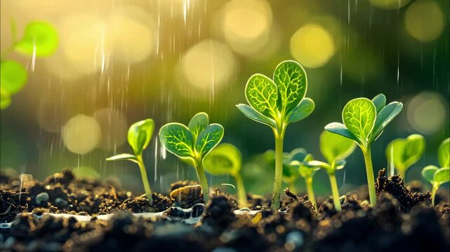 Young green seedlings emerge from soil during gentle rain, lit by warm sunlight with bokeh effect. Vibrant lime leaves show intricate patterns. agricultural business, garden centers, environment
