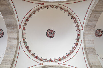 Mihrimah Sultan Mosque in Edirnekapi, Istanbul. The ornamentation inside the dome outside the entrance area of the mosque
