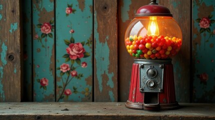 Retro Gumball Machine Lamp Illuminates Vintage Floral Decor on Rustic Wooden Shelf