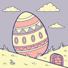 Colorful Easter Egg on a Hill with Clouds and a Small Door