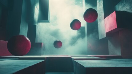 Red spheres hovering above textured geometric platforms in a foggy, mysterious abstract environment. Contrasting dark tones and highlights create a surreal, futuristic atmosphere. Generative AI