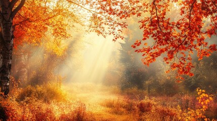 Sunlight streaming through tall autumn trees in forest, creating long shadows golden glow. The colorful foliage in shades of orange, yellow, red enhances the warm, serene atmosphere. Generative AI