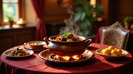 Naklejka premium Aromatic Stew Served in Rustic Earthenware Pot on a Table with Side Dishes
