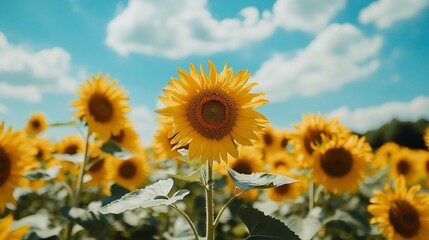 Obraz premium A vibrant field of sunflowers under a bright blue sky with fluffy clouds in the background