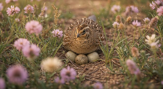A quail sitting on its eggs amidst blooming wildflowers in a serene natural setting - codornices codorniz