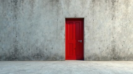 A solitary red door set against a textured concrete wall, symbolizing a transition, a new beginning, or an unexplored opportunity.