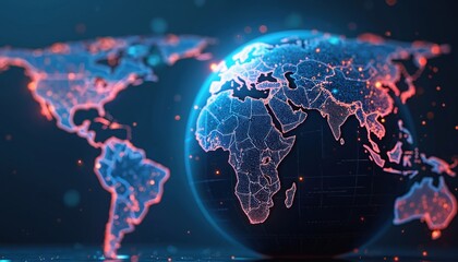 Global digital network showing continents. Concept of tech business, finance, blockchain, cryptocurrency. International, financial transactions, digital economy, global communications network.