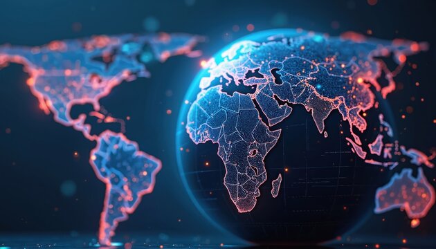 Global digital network showing continents. Concept of tech business, finance, blockchain, cryptocurrency. International, financial transactions, digital economy, global communications network.