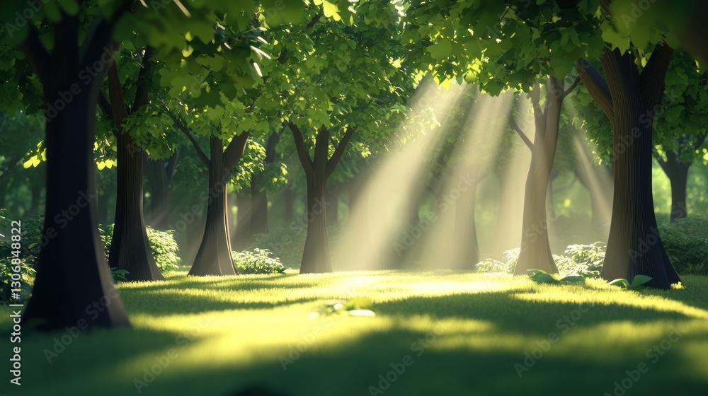 Poster Sunlight filters through the lush green forest trees during the day