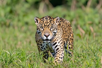 Fototapeta premium A jaguar stealthily moving through the dense jungle, its spotted coat blending perfectly with the shadows