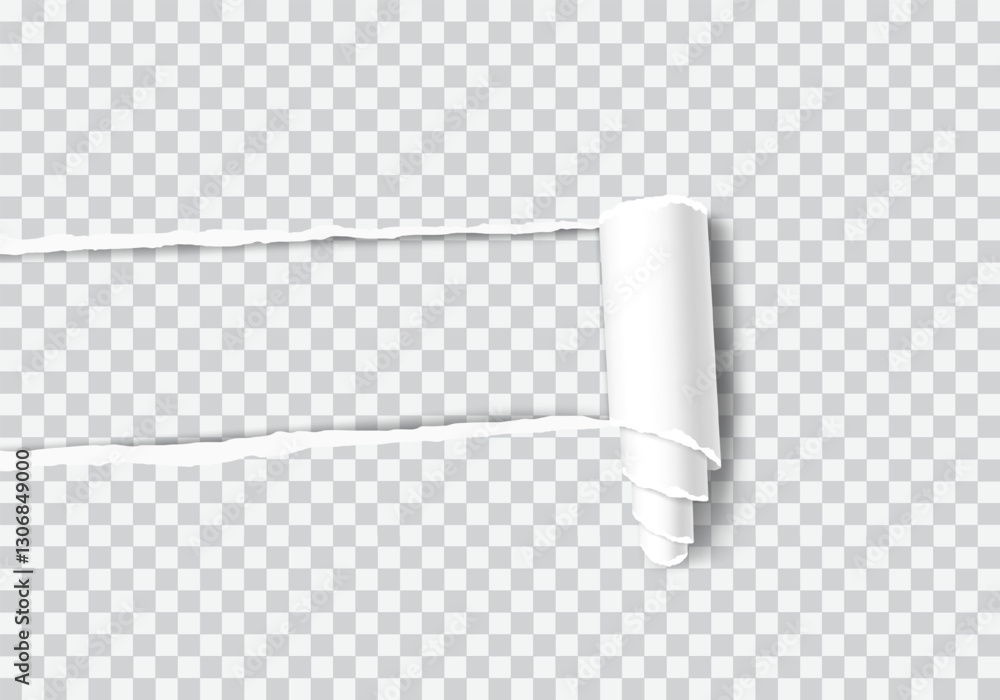 Poster realistic vector of a torn hole with a rolled edge. ripped paper with a curled fragment. template fr