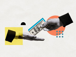 Giving a bribe to a corrupt official. Art collage.