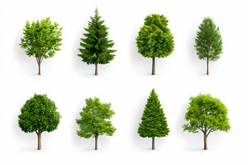 3d realistic green trees collection isolated on white background