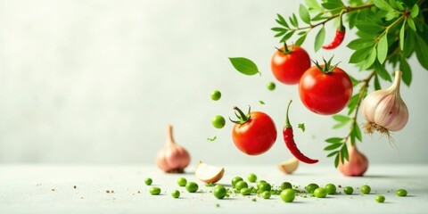 A vibrant culinary composition featuring ripe tomatoes, garlic cloves, fresh peas, and chili peppers, suspended mid-air against a soft backdrop.