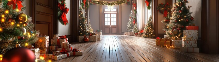Cozy Holiday Hallway with Christmas Trees and Festive Decorations