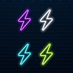 Neon icon of Purple and Violet Electric Energy Vector illustration of Purple and Violet Neon Electrical Sign consisting of neon outlines with backlight on the dark brick wall background