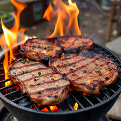 Tasty steaks on brazier with flames