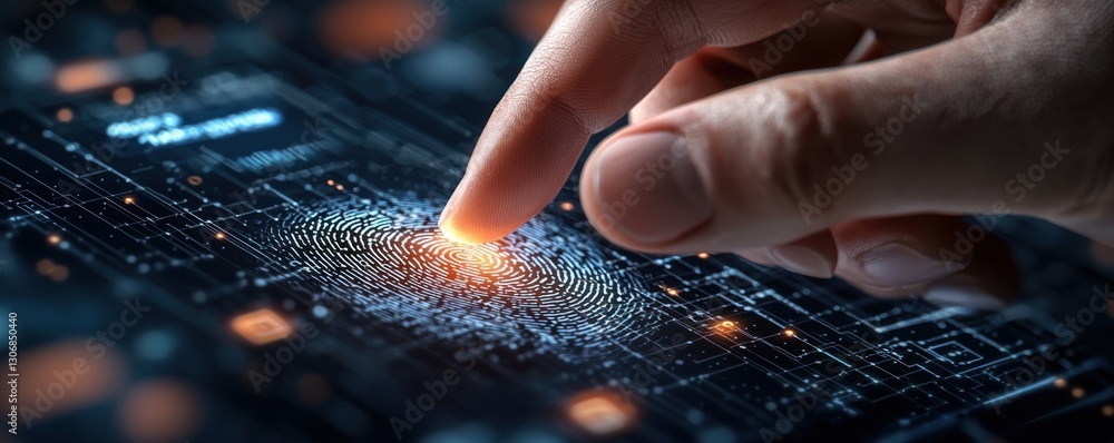Poster a close-up of a finger touching a digital interface, highlighting a glowing point on a circuit-like 