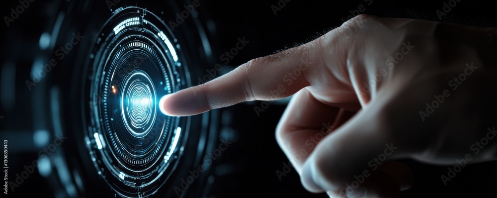 Poster a hand reaches towards a glowing, circular interface, suggesting interaction with futuristic technol
