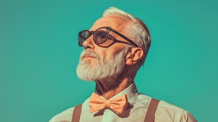 Portrait of an elderly man with a white beard and mustache. he is wearing a light green collared shirt and a pair of orange bowtie with suspenders.