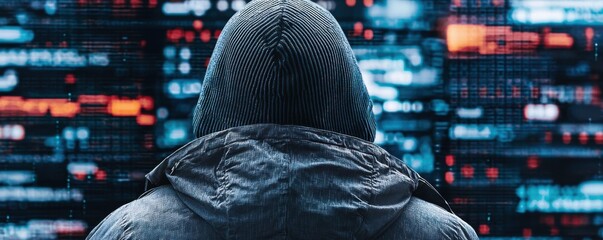 A mysterious figure in a hooded jacket stands before a screen displaying digital data, suggesting themes of cybersecurity and anonymity.