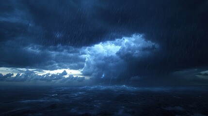 Fototapeta premium Dramatic storm clouds with lightning illuminating the sky in shades of teal. Heavy rainfall descends, creating a moody and atmospheric scene of nature's power and intensity. Generative AI