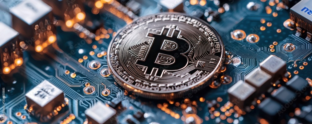 Poster a shiny bitcoin coin sits on a complex circuit board, highlighting the intersection of cryptocurrenc