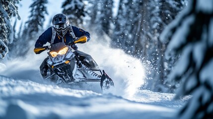 A thrilling ride on a snowmobile through a pristine winter landscape. Experience the excitement of winter sports in this captivating snow scene. Generative AI