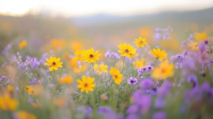 Fototapeta premium A vibrant field of sun-kissed yellow blooms at its heart, flanked by sweeping swaths of deep purple petals dancing on either side, creating a mesmerizing symphony of color