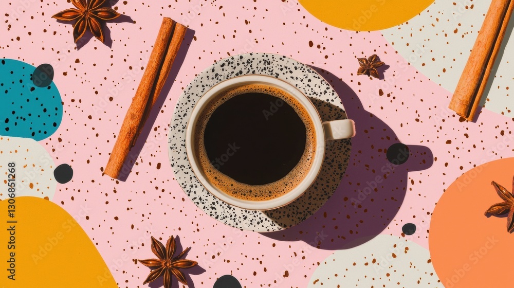 Poster flat lay of a cup of coffee on a pink background with colorful geometric shapes. the cup is white wi